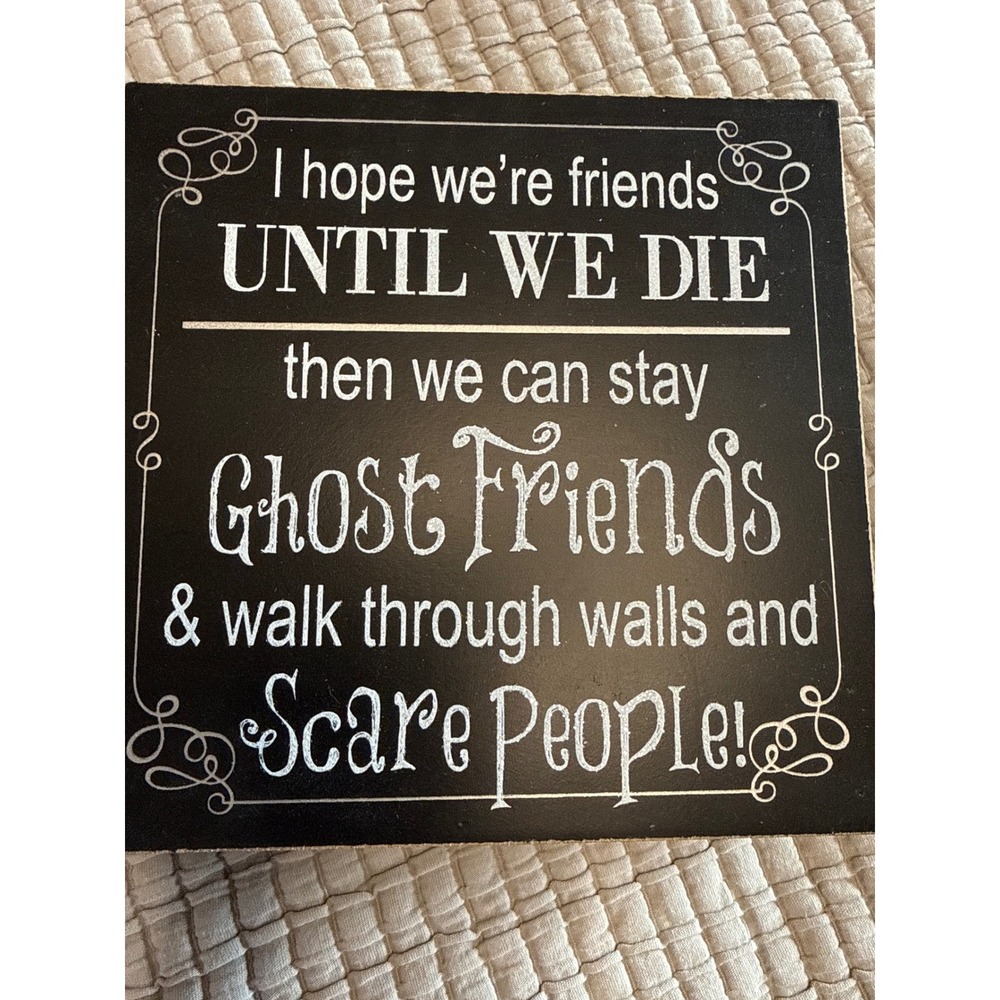 Adams & Co Ghost Friends Wood Box Sign Black White 6x6 Halloween Decor Spooky